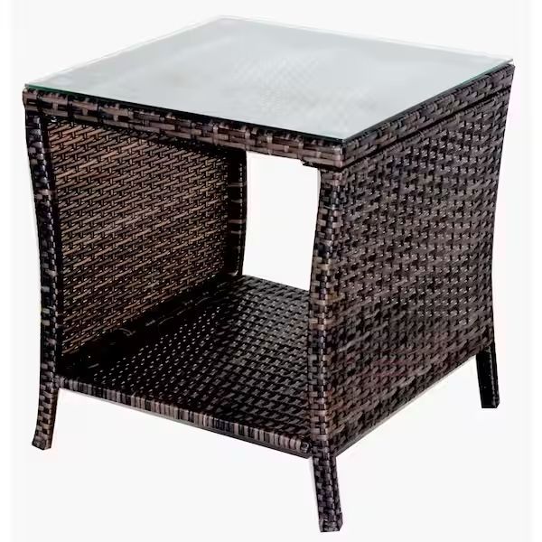  Brown Square PE Wicker Outdoor Side Table Outdoor Tea Table End Table Coffee Table with Tempered Glass Table Top