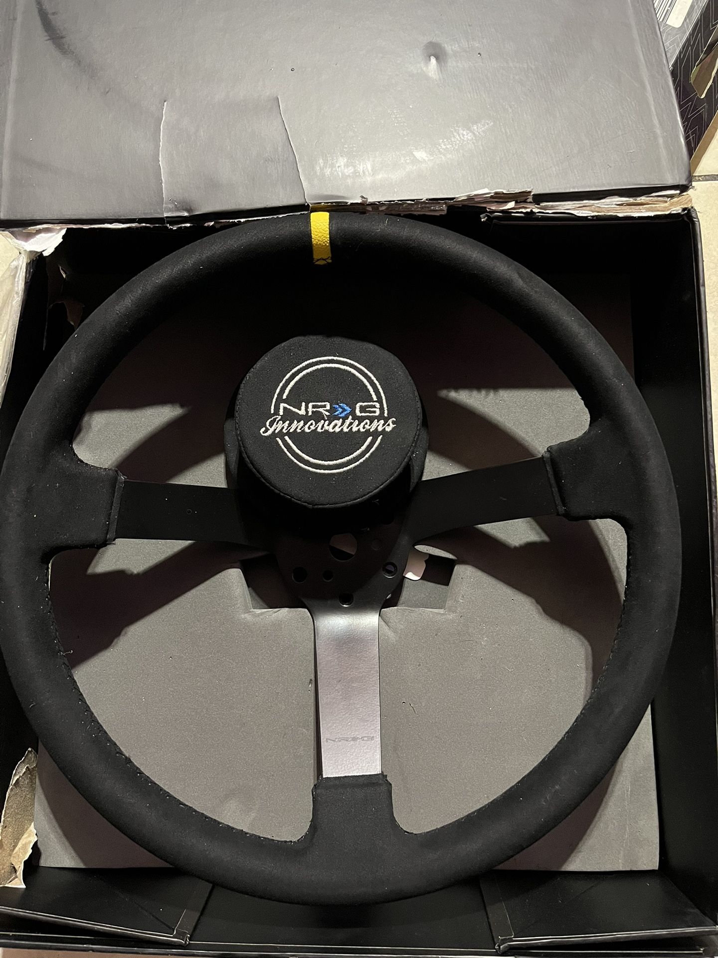 NRG Innovations NRG-RST-380MB-A Reinforced Steering Wheel 380mm Alcantara 3 Spoke, Removable Crushed Pad, Special 6 and 3 Bolt Pattern