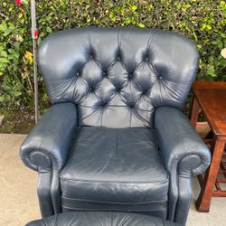 Lazy Boy Navy Blue Tufted Leather Chair & Ottoman