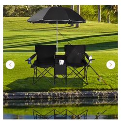 Portable Folding Picnic Double Chair W/Umbrella Table Cooler Beach Camping Black