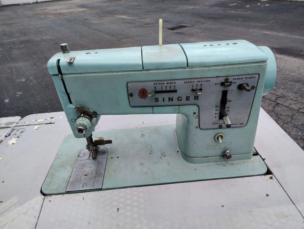 Antique Singer Sewing Machine Robins Egg Blue Model 338 In Cabinet