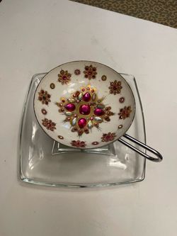 Vintage Glass & Crome Chip Dip Server / with Decorative Adorned Saucer Turned Jewelry Caddy