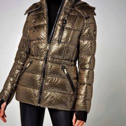 NEW  MICHAEL Michael Kors  Metallic Foil Print Puffer Jacket Size XL