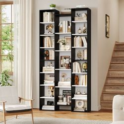 21-Cube Bookcase, 71’’ Tall Wooden Bookshelves with Adjustable Shelves, Triple Wide CD Display Storage Organizer Shelf for Home Office, Black+White