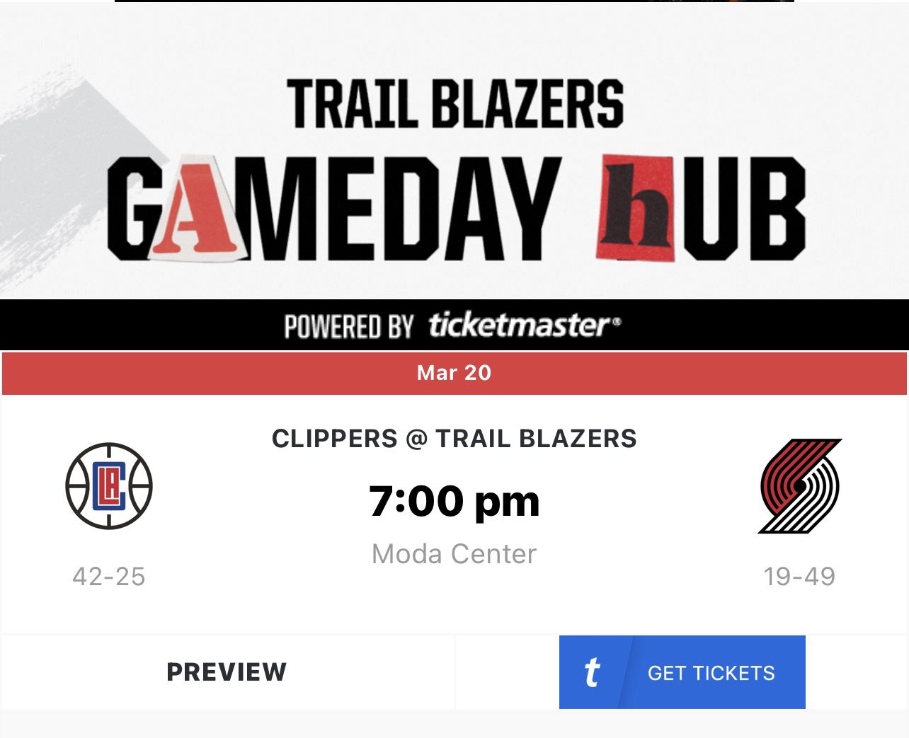 *TONIGHT* 3/20 Trail Blazers vs. L.A. Clippers Tickets Section 104 Row E 