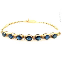 18KT Yellow Gold 7” Sapphire Diamond Bracelet 8.60g I-558