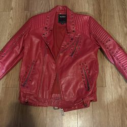 REASON Red Faux Leather Studded Moto Jacket Size M