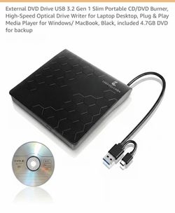 External DVD Drive USB 3.2 Gen 1 Slim Portable CD/DVD Burner, High-Speed Optical Drive Writer for Laptop Desktop, Plug & Play Media Player for Windows