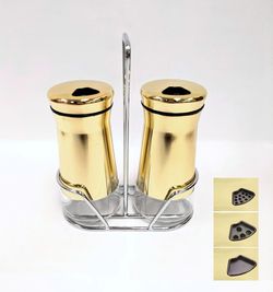 Brand New Gold Salt and Pepper Shakers with Stand *Bulk purchase only *