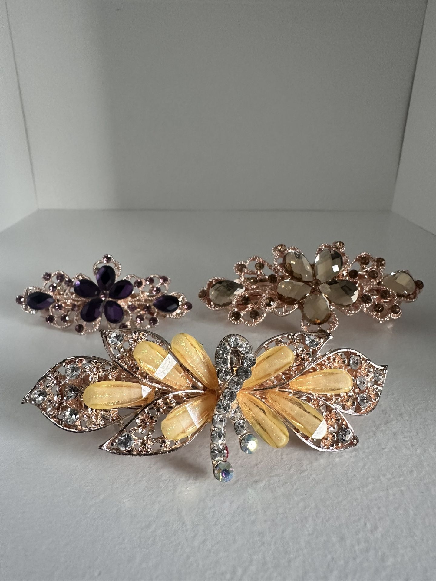 Flower Jeweled Rose Gold Hair Clips SET of 3