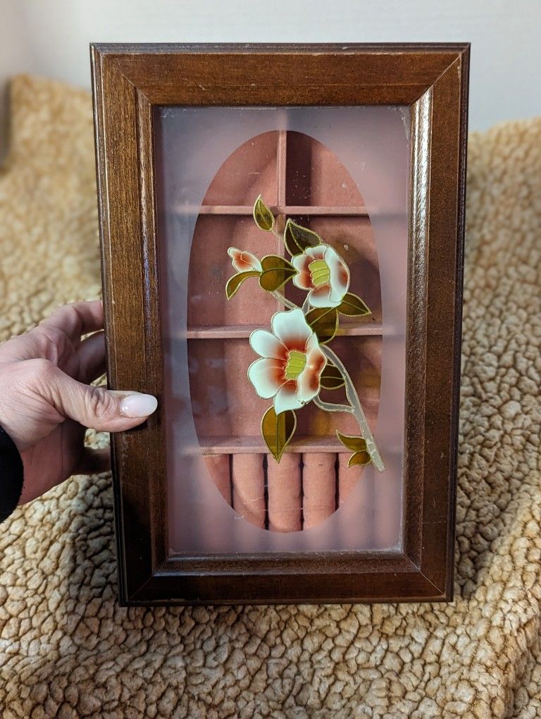 Vintage Wooden Jewelry Box Floral Painted Window Pane w removable tray