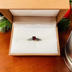 NEW 14K Gothic Black Gold, Red Garnet & Diamond Ring, Sz 9