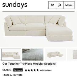 Free Delivery NEW Sundays™ Get Together™ 4-Piece Modular Sectional in Performance Stain-resistant Washable Fabric, Cream Linen (MSRP $5,990+tax)