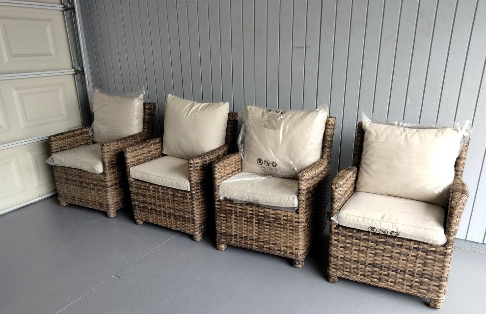 4 outdoor patio woven club chairs with cushions