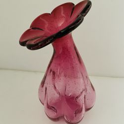 Vintage, mid century, cranberry flower, art glass vase