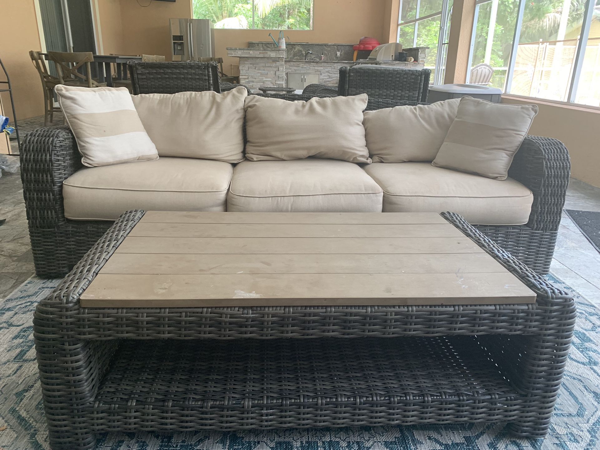 Brown Jordan Wicker Sofa and Coffee Table