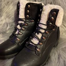 Faux White Fur Black Combat Boots 