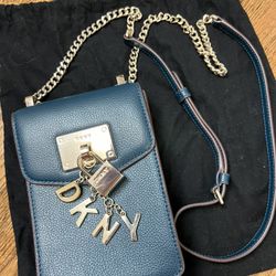 DKNY Elissa North South Crossbody Indigo-Blue Leather Logo Charm Bag
