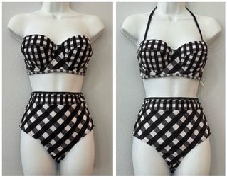 asos swim women’s black & white gingham pom pom trimmed bikini - size 6