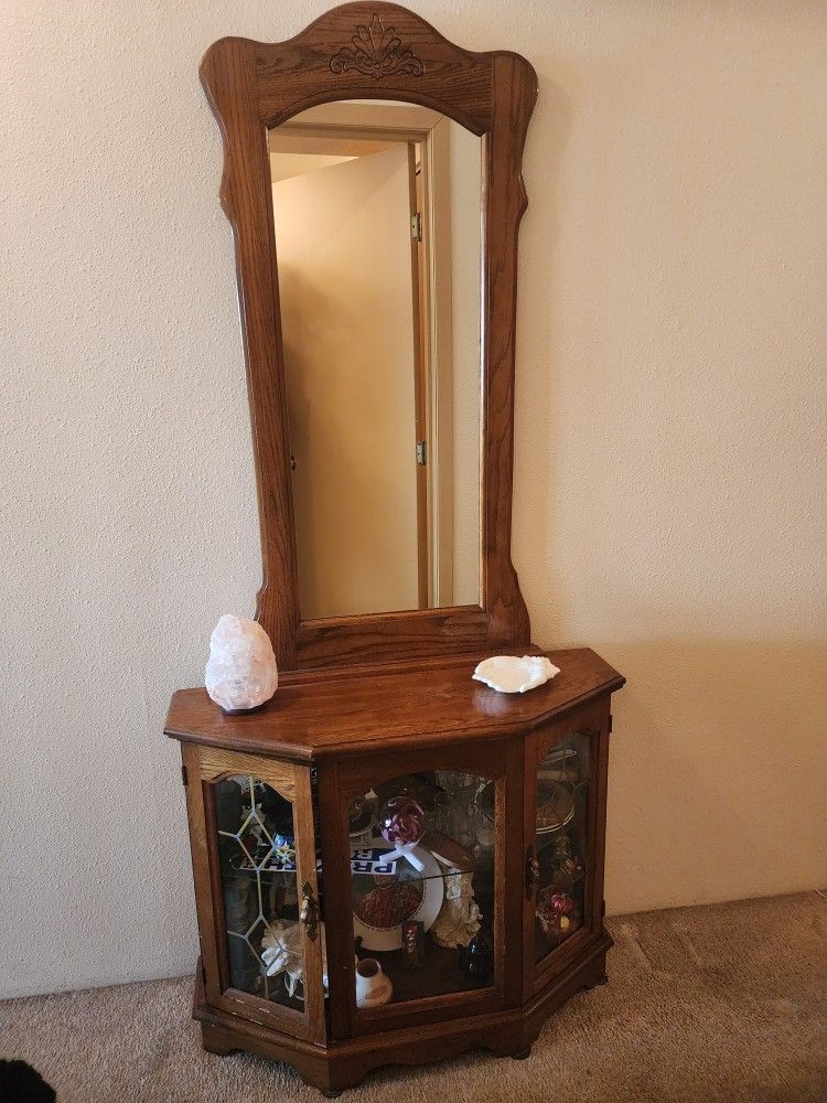 Entry MIRROR with Oak Glass Display Cabinet