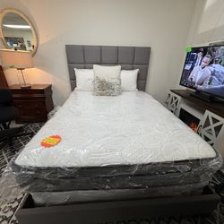 Queen, Gray Upholstered Bedframe Mattress Marks Were Included