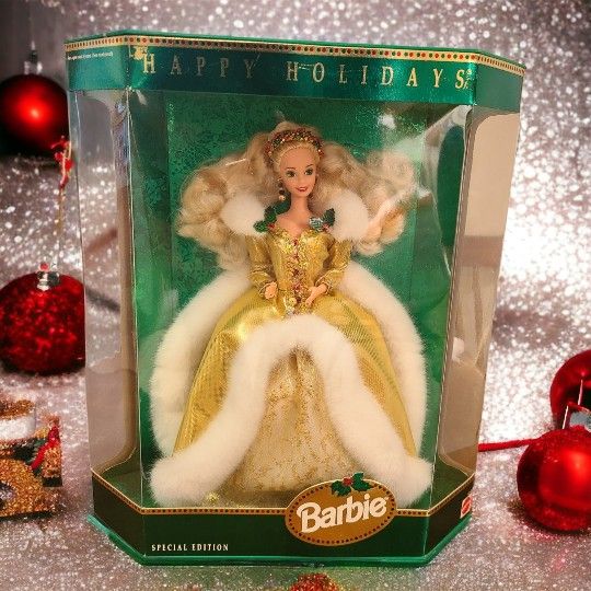 Barbie Happy Holidays Special Edition Barbie 1994 Gold Dress Mattel Damaged Box. Tamper tabs loose . Top of box is loose . Doll Is untouched though.