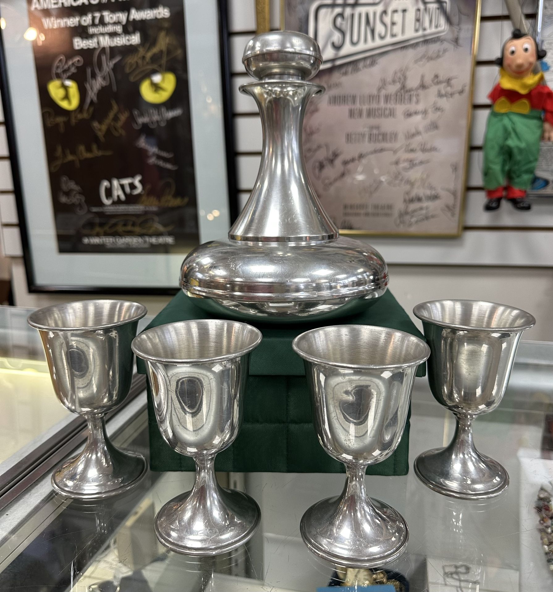 Authentic Vintage KIRK STIEFF PEWTER 6 pcs MCM SET SHIPS DECANTER, 4 GOBLETS