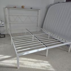 Queen Bed Frame - Metal, White, LED Strip, Shelf