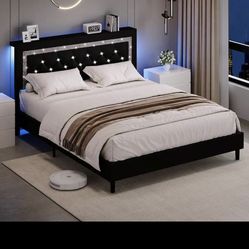 Bed Frame With LED Lights, Queen Bed Frame With Storage And  Diamond Tufted Headboard, Wooden Slats Support, No Box Spring Needed, Easy Assembly, Bedr