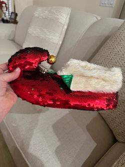 Festive red sequin slipper with a bell and faux fur trim - like new