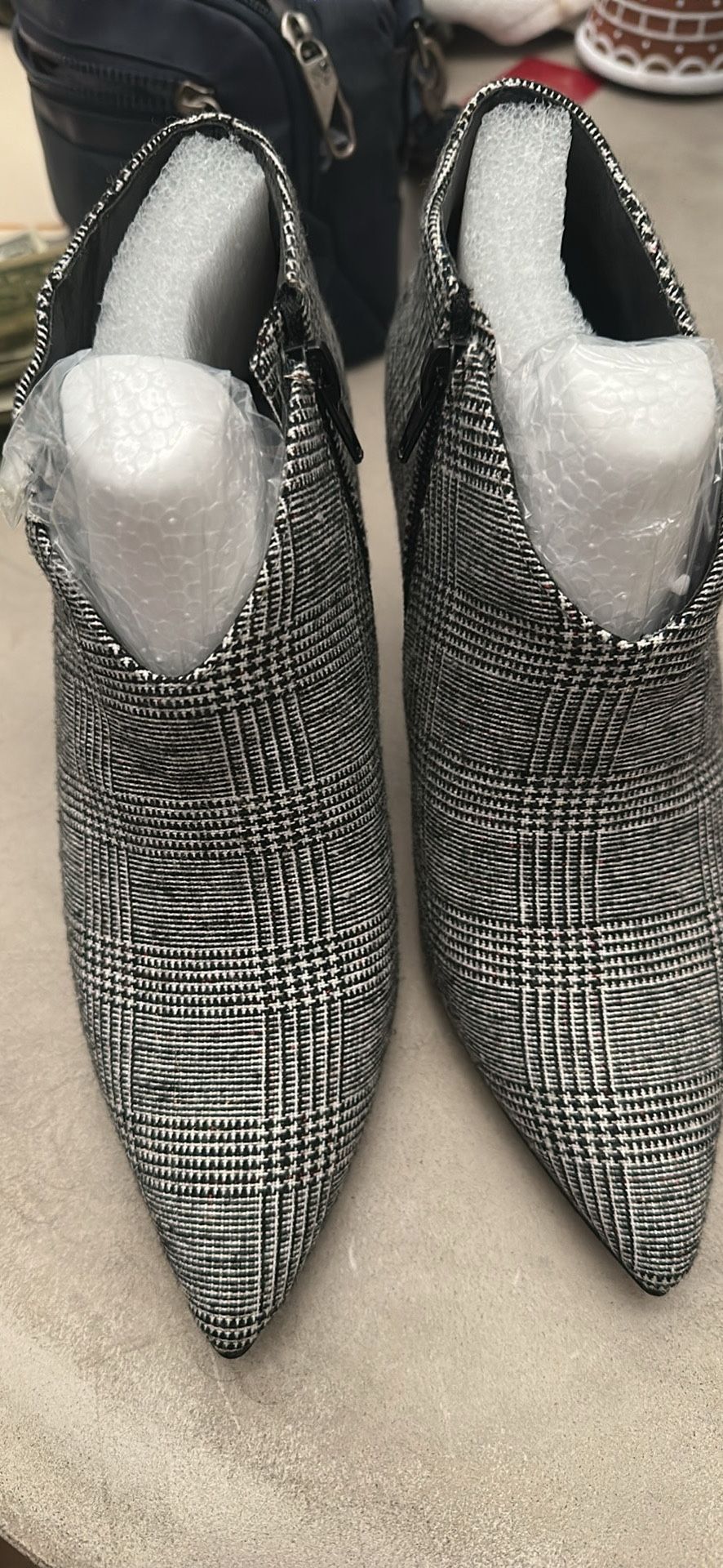 Grey/black Plaid Bootie Heels 7.5