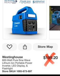 Westinghouse 600-Watt Pure Sine Wave Lithium-lon Portable Power Inverter, LED Display, & Flashlight