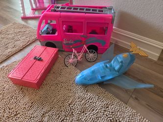 BARBIE CAMPER, JET, BIKE AND WARDROBE