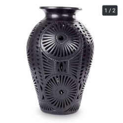 Novica Handmade Oaxacan Black Clay Floral Fiesta Vase