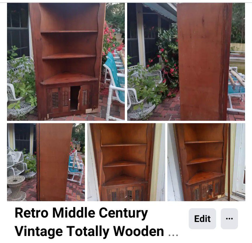 Retro Middle Century Vintage Totally Wooden Corner Shelf 