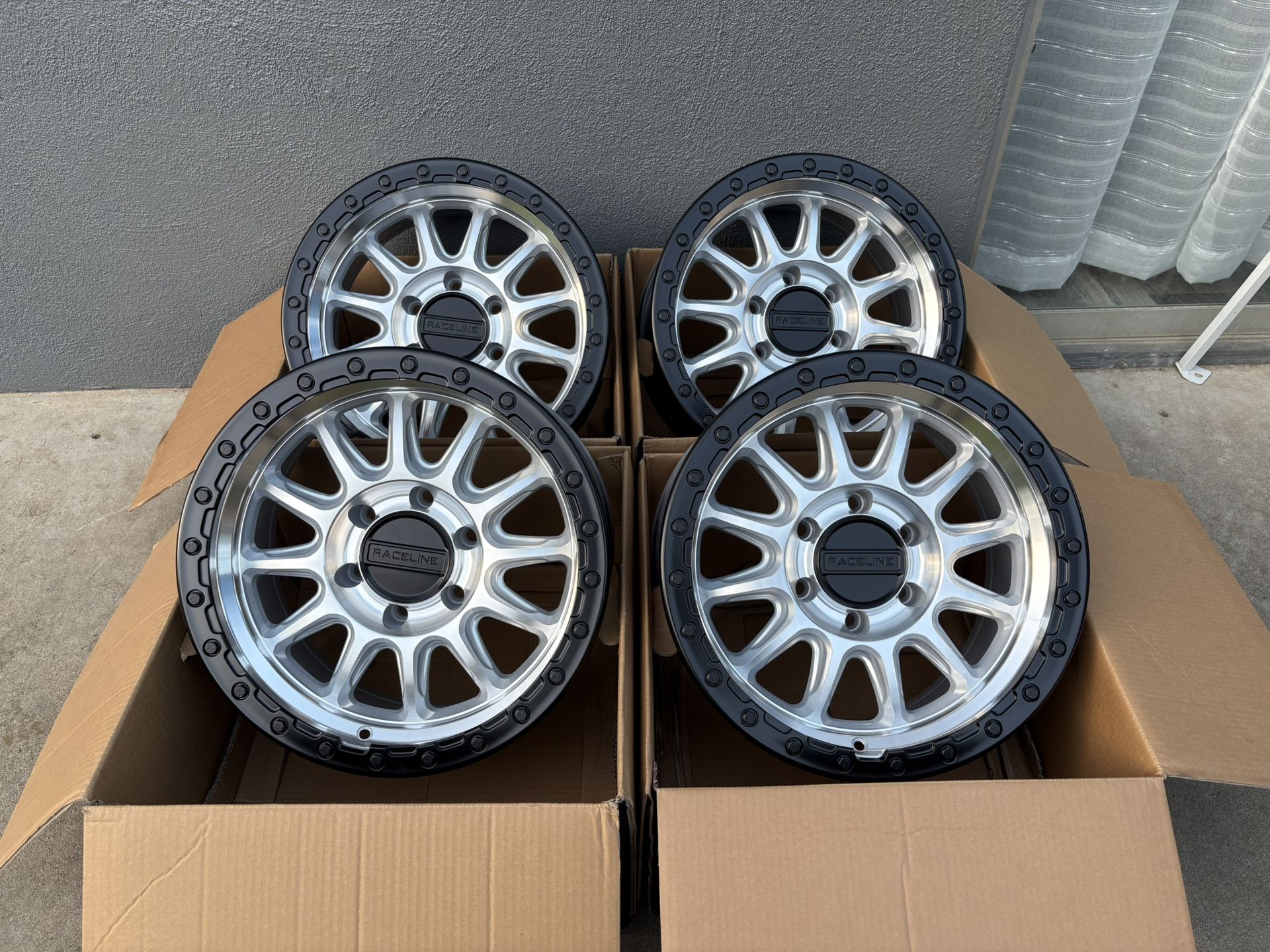 17” INCH RACELINE ALPHA MACHINED CLEAR POLISHED BLACK BEADLOCK RING STYLE WHEELS/RIMS OFF ROAD