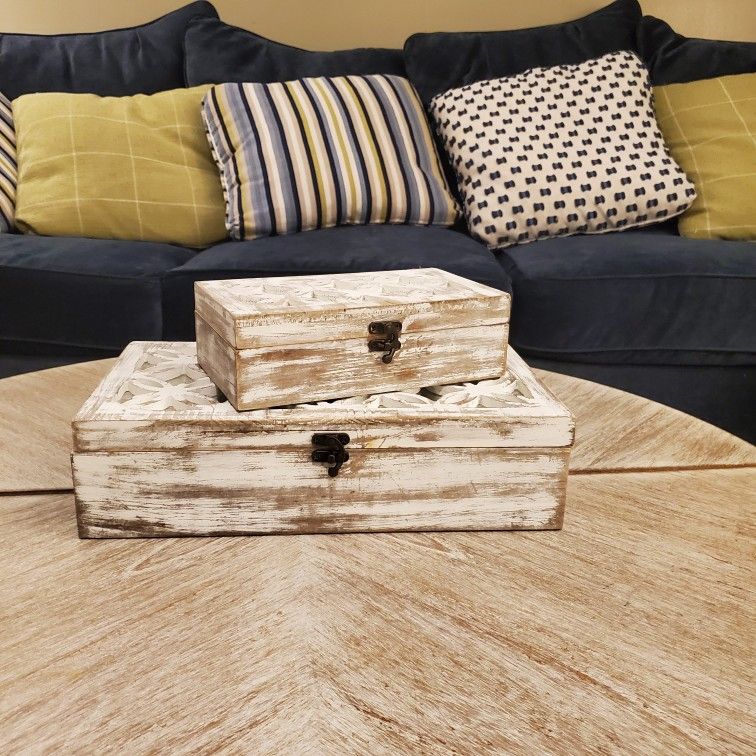 Solid Wood Decorative Box Set 2 Piece with Glass Inlay
