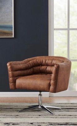 Brown Faux Leather Swivel Barrel Chair