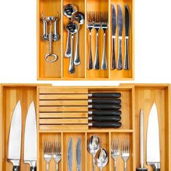 Bamboo Silverware Drawer Organizer with Knife Block Set