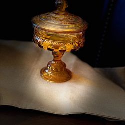 Vintage Indiana Glass "King’s Crown" Amber Thumbprint Covered Candy Dish