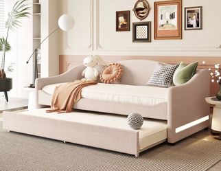 Gorgeous New Light Beige Boucle Teddy Fleece Lighted Twin Daybed & Trundle