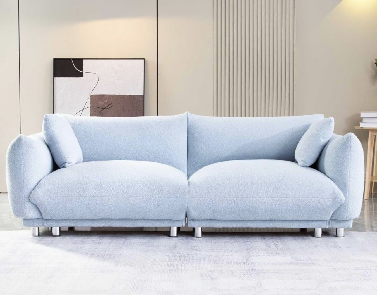 87 inch Modern Sofa, Teddy Comfy Sofa Couch with 2 Pillows, Upholstered Deep Seat Sofa, Oversized Sofa with Metal Legs for Small Space Office Apartmen