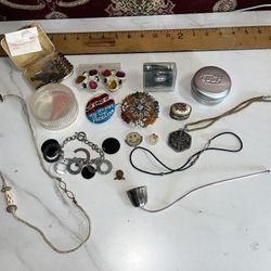 Costume Jewelry Enameled Pill Box Pins Buttons Keys 