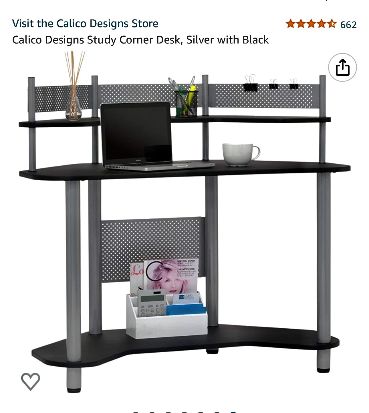 Calico Designs Corner Desk, Silver & Black. NEW