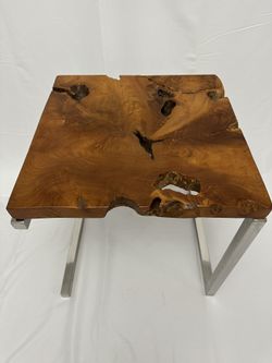 MODERN CHROME AND LIVE EDGE TEAKWOOD SIDE TABLE - EXCELLENT CONDITION!