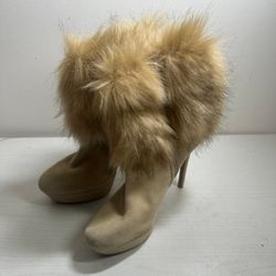 Gianni Bini Faux Fur Topped Heeled Wool Booties in Tan size 9.5 New 