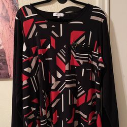 Calvin Klein Plus Size Womens Black Red Abstract Long Sleeve Top size 2X pre