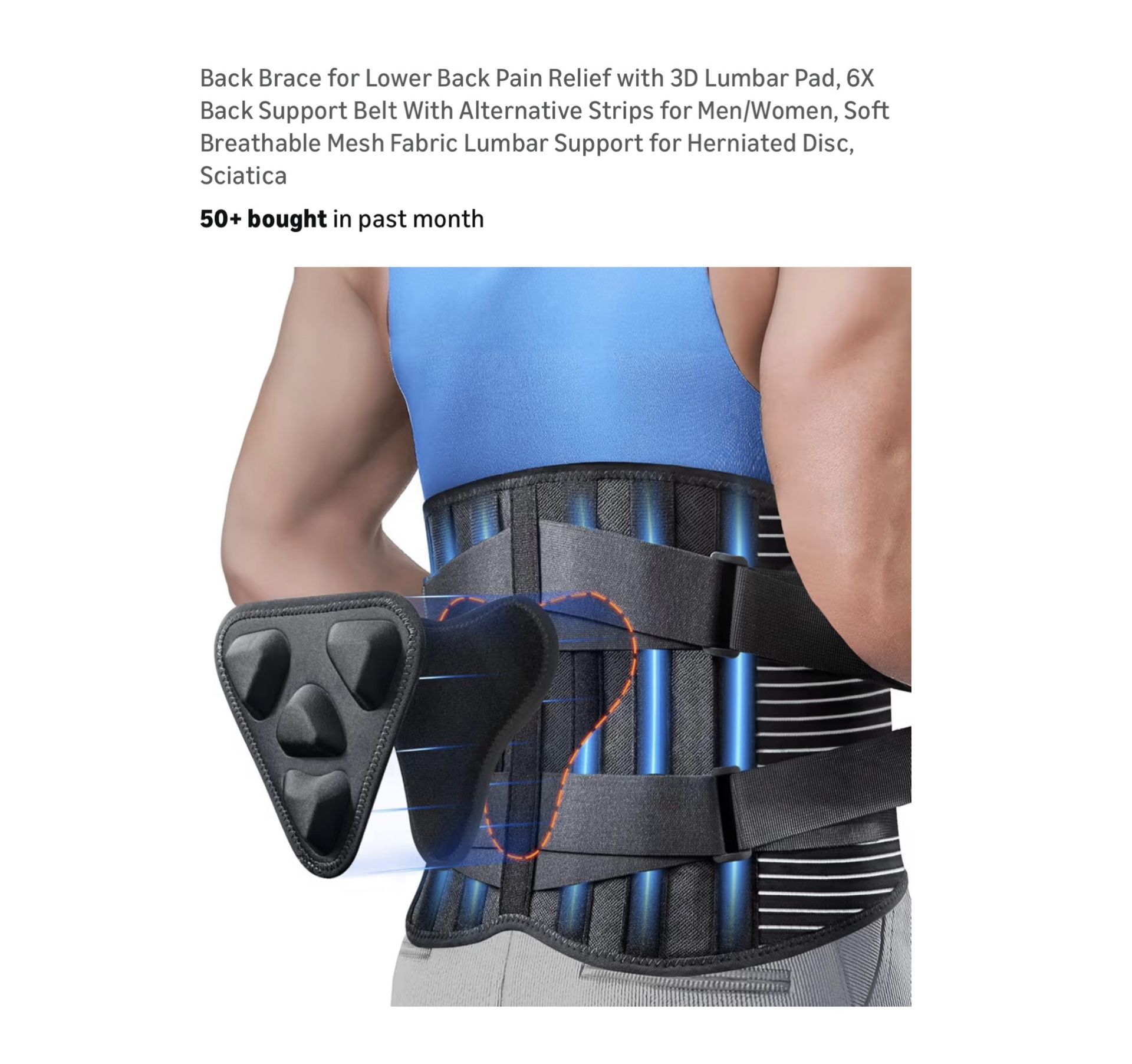Brand new size L (Waist 36.7”45.3”) Back Brace for Lower Back Pain Relief with 3D Lumbar Pad, 6X Back Support Belt With Alternative Strips for Men/Wom