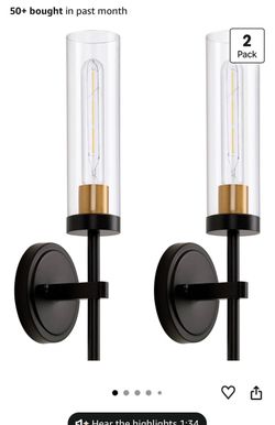 New in box set of 2 sconces black clear glass light fixture lamps hard wired modern