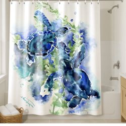 71x74 Sea Turtle Shower Curtain with 12 Metal Grommets | Blue